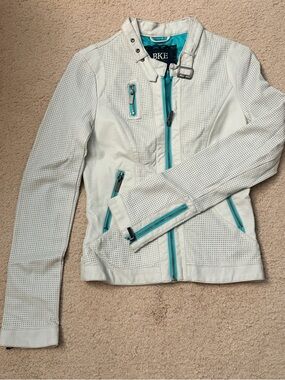 BKE White Perforated Leather Moto Jacket with Teal Zippers